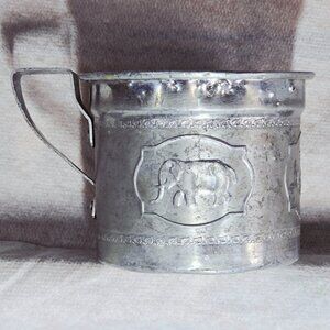 Victorian Storybook Circus Nursery Mug Elephant Horse Tin Cup c1890 USA